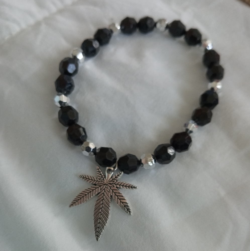 Hand Crafted Black and silver crystal hemp leaf statement bracelet